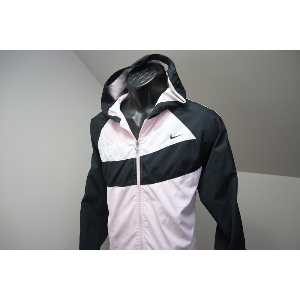 Nike Windbreaker Track Jacket Women XL Pink Black Hooded Full Zip Excellent